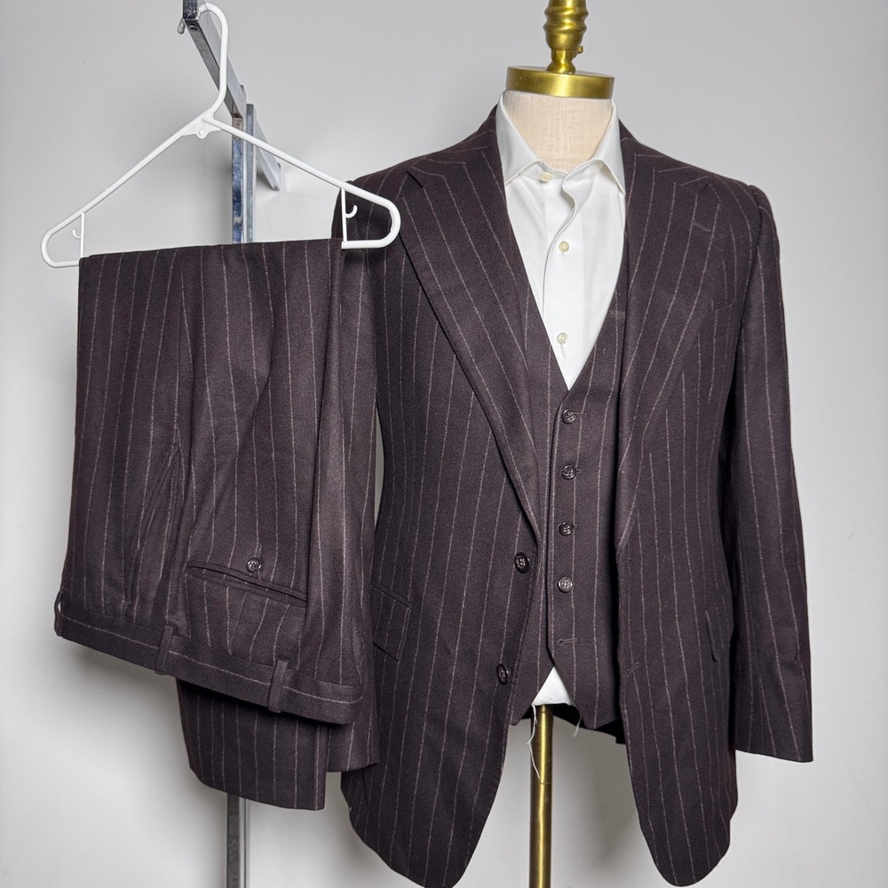 Polo‎ Ralph Lauren 3-Piece Suit Men 40R 34W Brown Stripe Wool Cashmere Italy